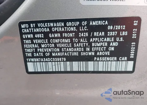 2013 Volkswagen Passat 2.0L Tdi Se z USA, uszkodzony, nr VIN 1VWBN7A34DC039879